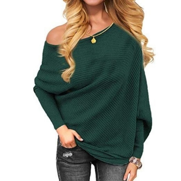 Sweaters - Dark Green Off Shoulder Knit Long Sleeve Pullover